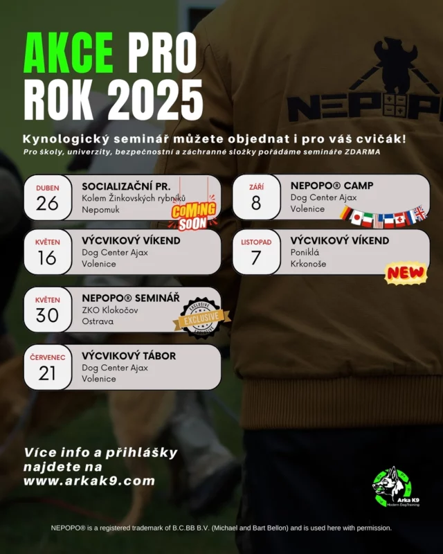 📅 Plánuješ tréninkové cíle na 2025? Tady máš přehled našich akcí!

Každý měsíc ti přinášíme aktuální soupis akcí, které pro vás chystáme v Arka K9. Ať už jsi začátečník, zkušený psovod nebo instruktor – v kalendáři najdeš akci, která tě posune.

👀 Těšit se můžeš na:
– Výcvikové víkendy
– Tematické semináře (NePoPo®, negativní posílení, shaping…)
– Socializační procházky
– Letní výcvikový tábor
– Mezinárodní NePoPo® Camp
– A nově i akce v Krkonoších!

📍 Přihlášky a podrobnosti najdeš na:
👉 www.arkak9.com

A to nejlepší? Další akce přibývají! Sleduj nás, ať ti žádná neuteče – připravujeme novinky, které ještě nejsou zveřejněné.

#ArkaK9 #NePoPo #PsíVýcvik #Kynologie #DogTraining #ModerníVýcvik
#TréninkovýKalendář #Akce2025 #VýcvikSePsem #PsíSeminář #Psovodství #PlánujTrénink